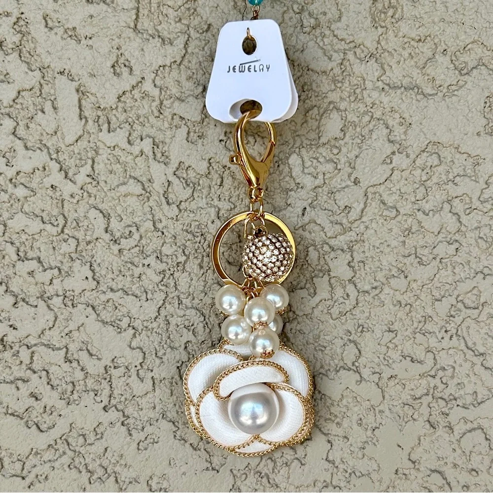 Luxe White Flower Gold Accented Keychain/ Bag Charm